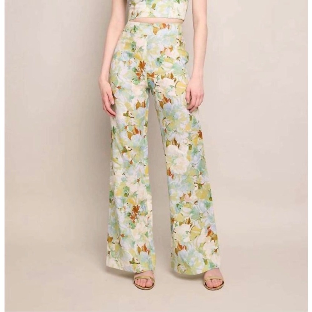 NWT Cara Cara Josephine Pant 6 Floral Linen Wide Leg Terra Blue Quiet Luxury